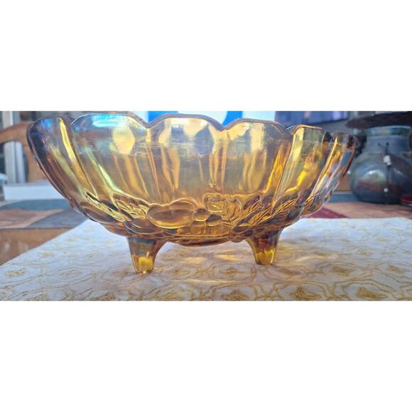 Carnival Glass 12" Oval 4- Footed Fruit Bowl- Amber- Fruit Motif- Indiana Glass - Picture 4 of 10